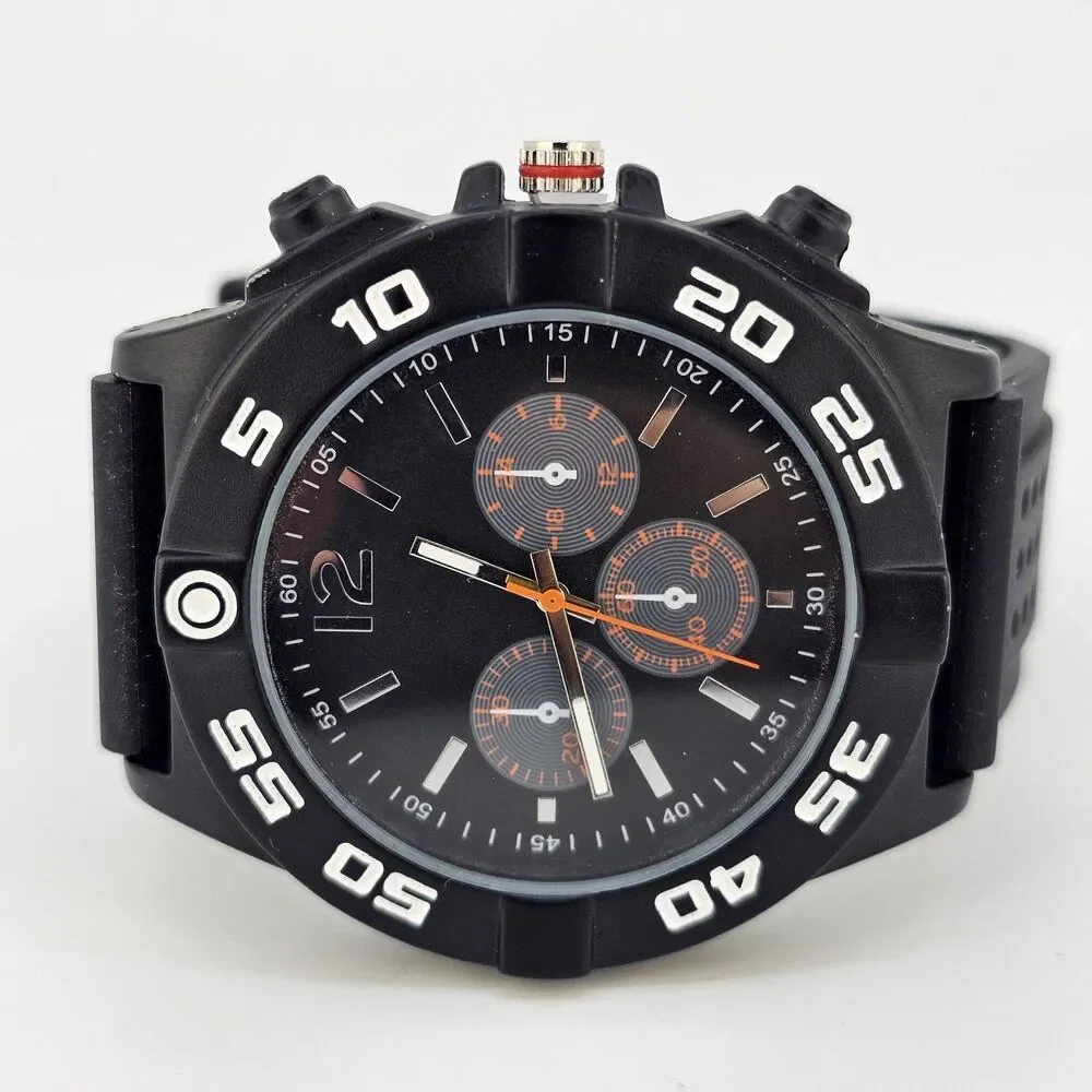 Men's Watch 50MM Black Dial Black Case Black Plastic Bands New Battery‎